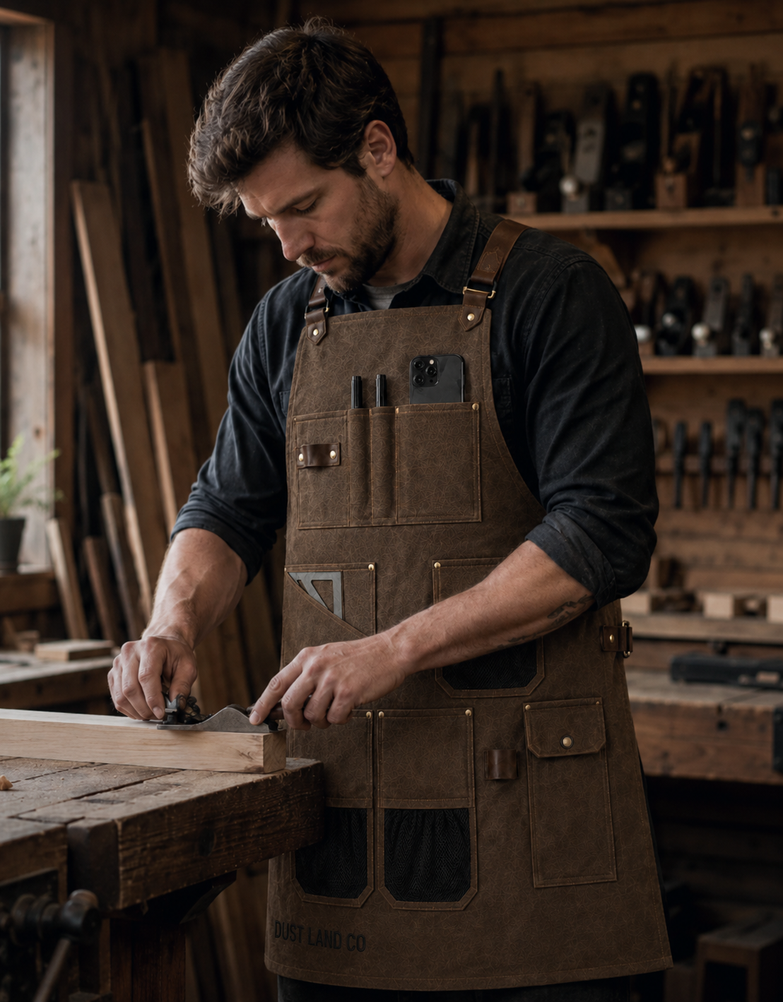 Dust Land Co Workshop Apron — worn at the workbench