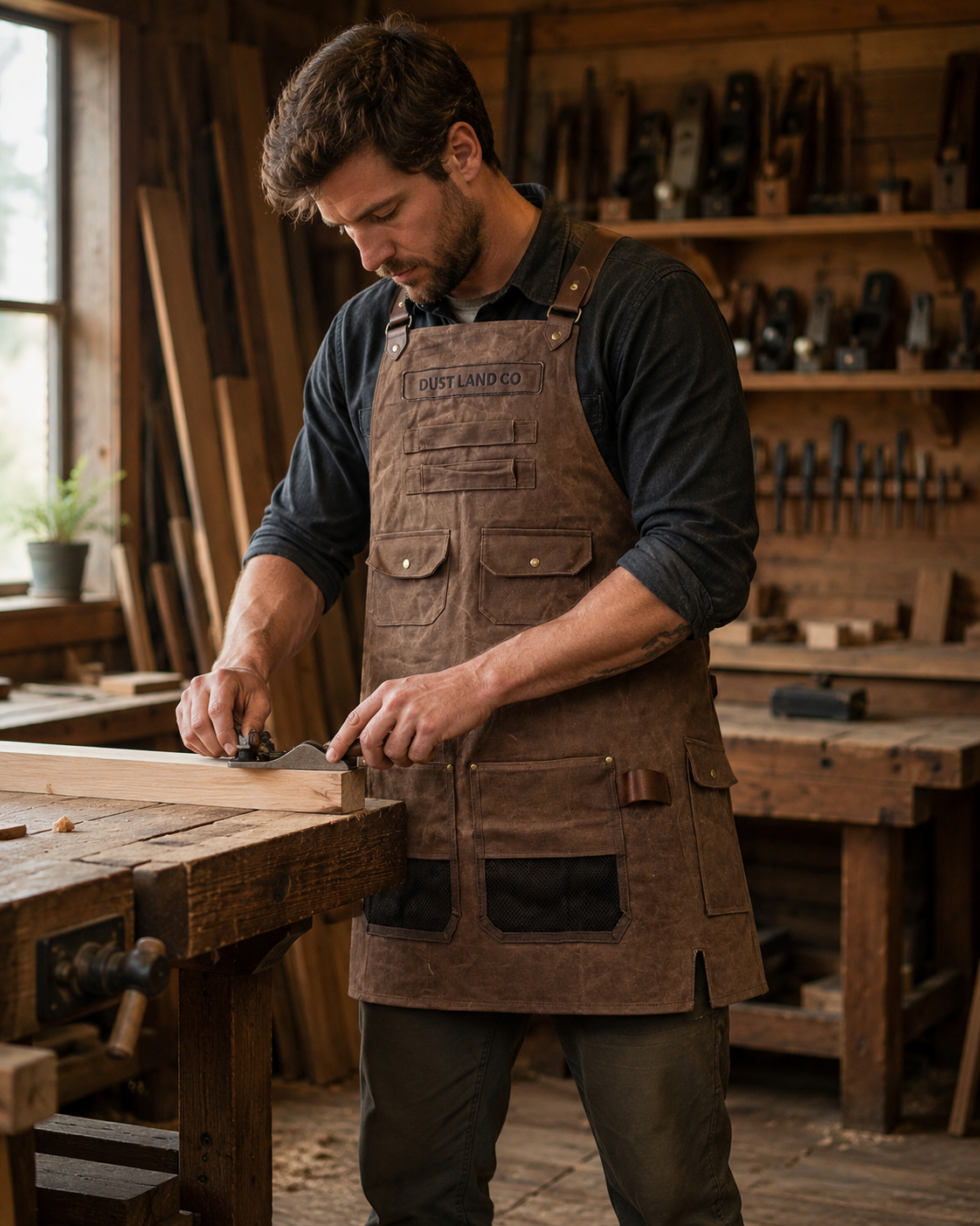 Dust Land Co Workshop Apron — worn at the workbench